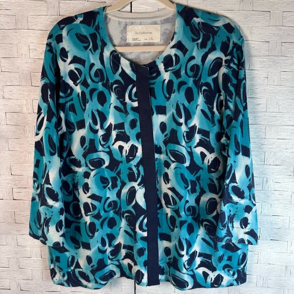 Liz Claiborne navy light blue white cardigan snap closure spring plus size